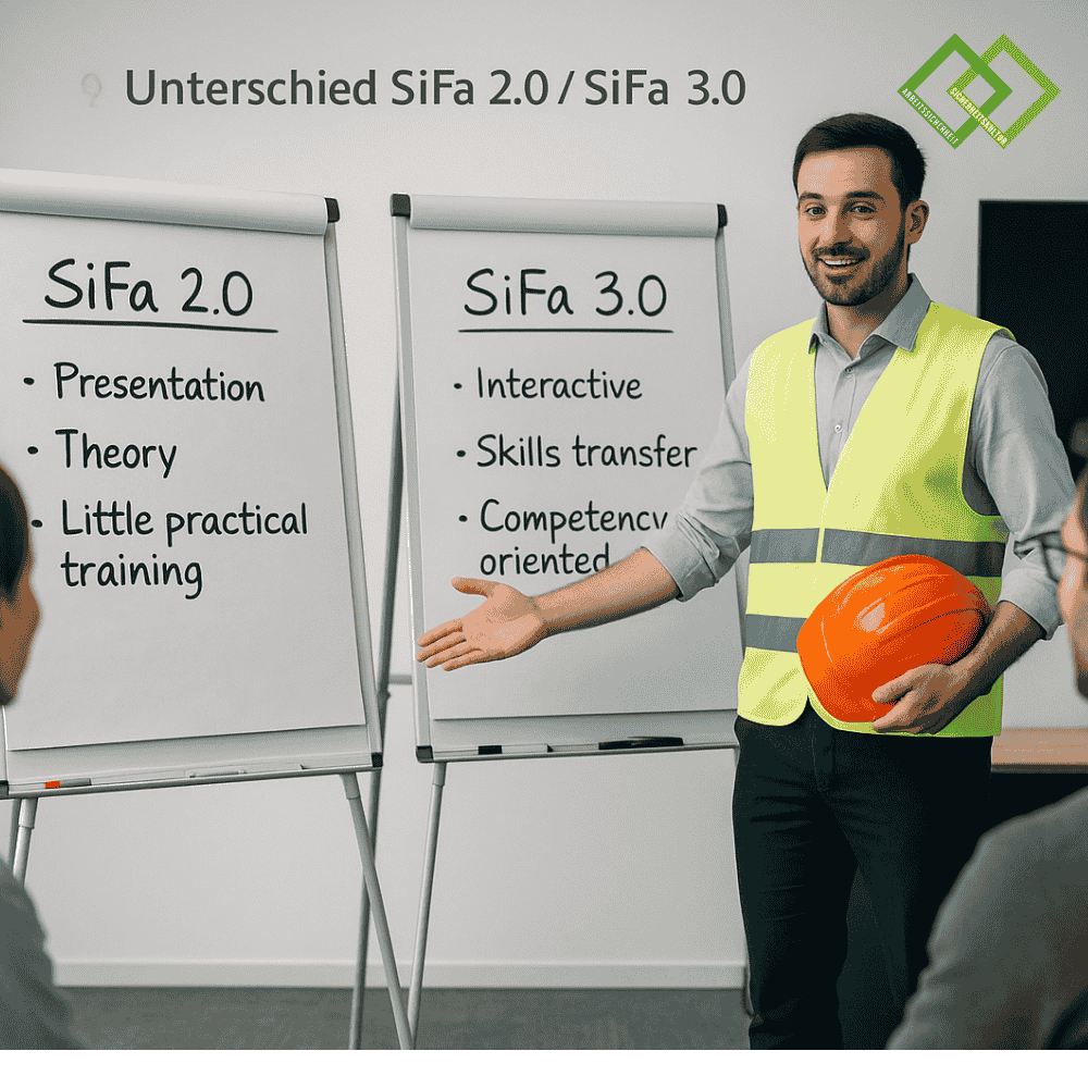 Schulungsraum mit einen Dozenten in Warnweste und Helm