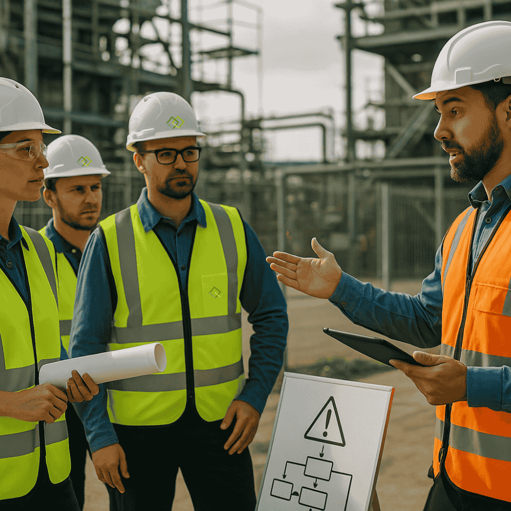 Eine Gruppe an Personen die in Richtung SCC direkt vor einem Betriebsgelände geschult werden. 