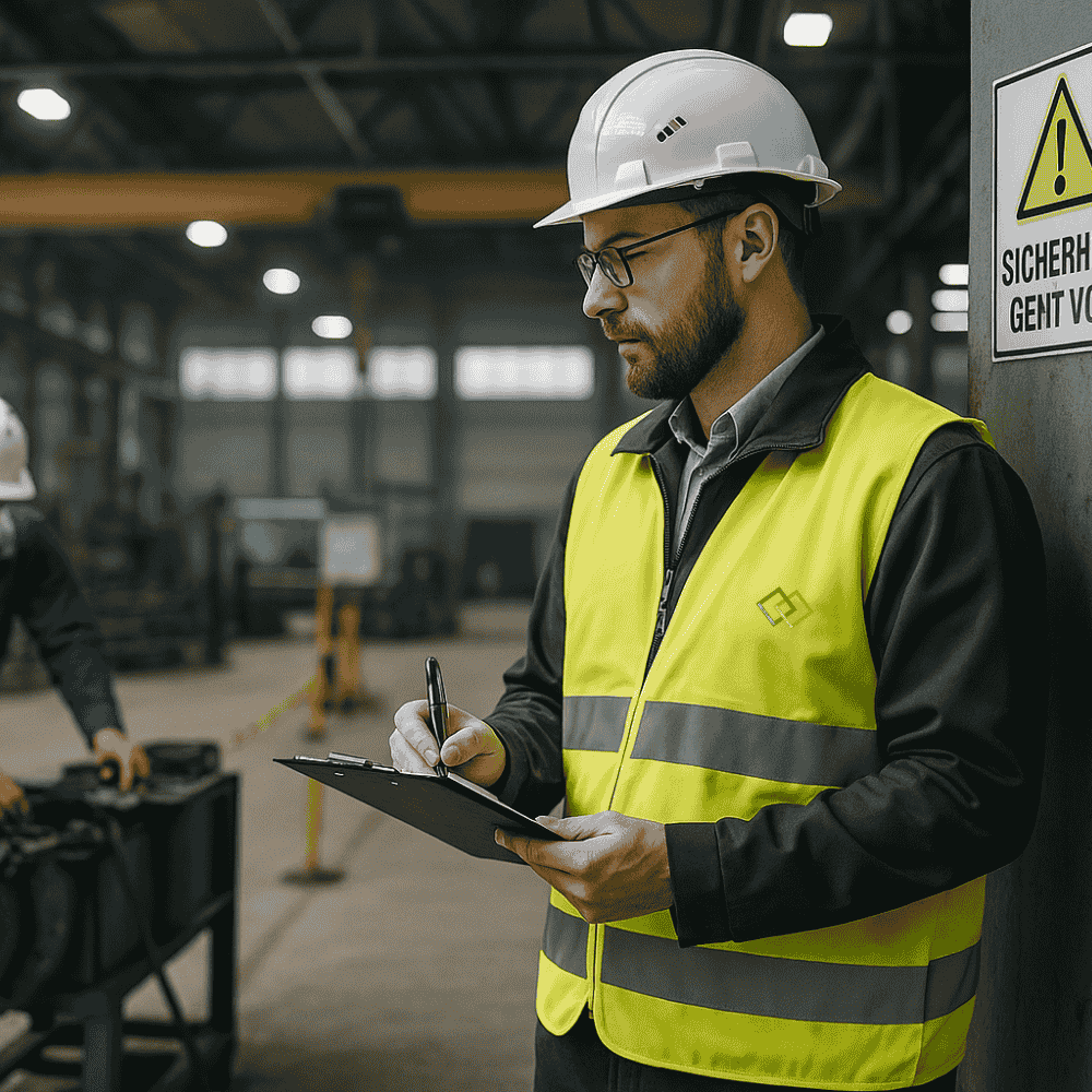 Sicherheitsbeauftragter in der Produktionshalle und vermerkt etwas auf dem Klemmbrett