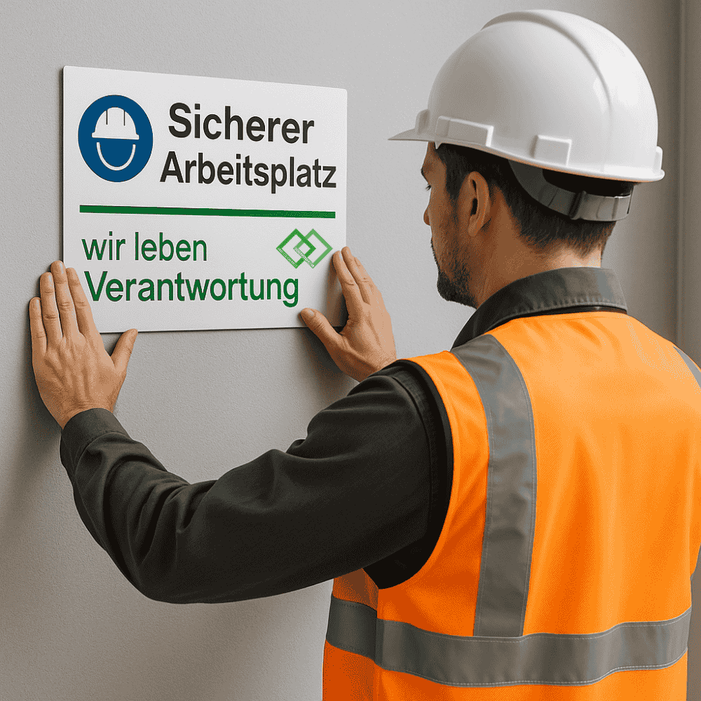 Ein Sicherheeitsbeauftrager bringt ein Schild an die Wand "Sicherer Arbeitsplatz"