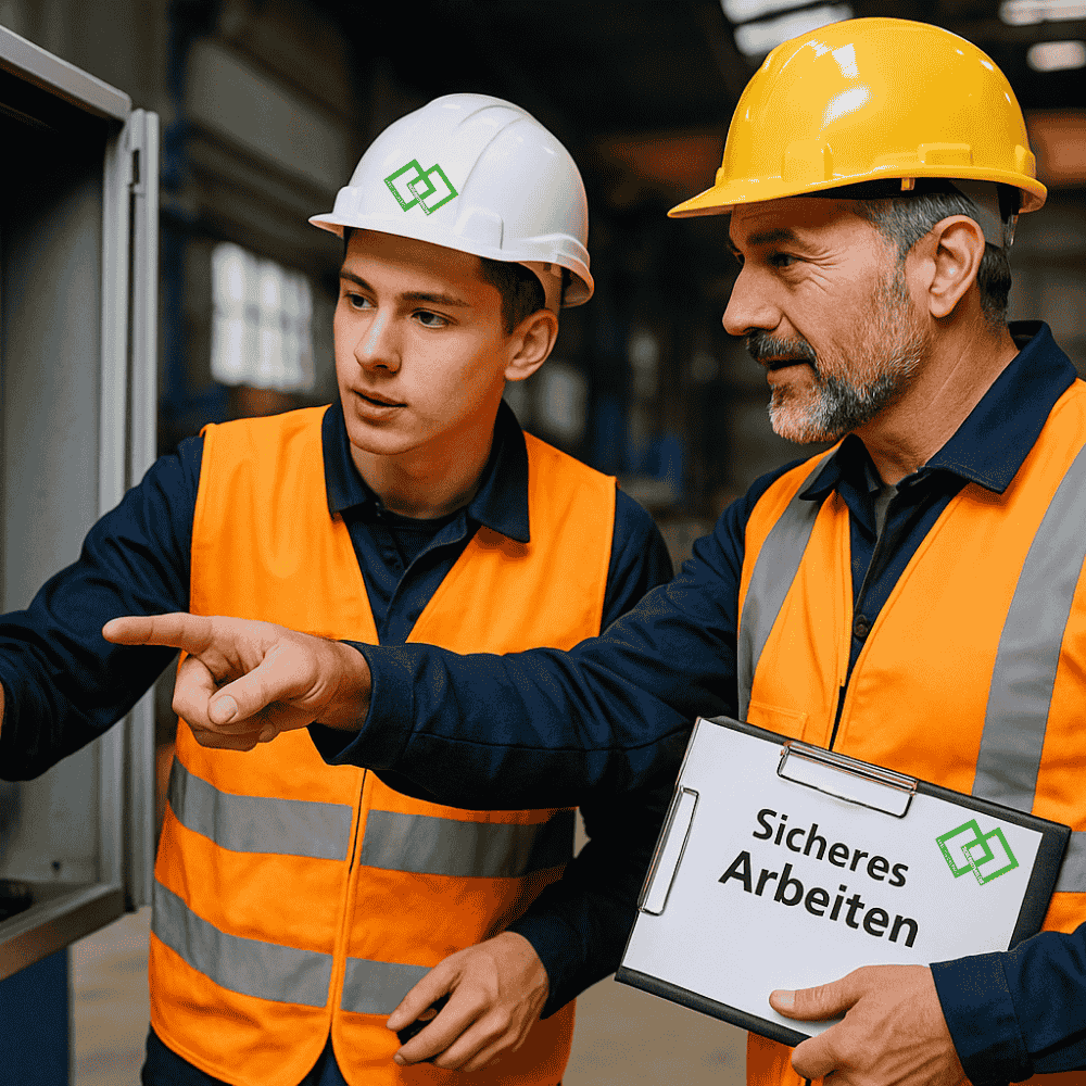 Ein Auszubildender wird etwas in Richtung Arbeitssicherheit gezeigt an einem Schaltschrank