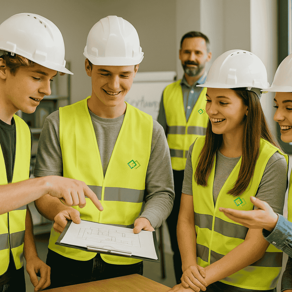 Gruppenarbeit von Auszubildenden in der Schulung für Arbeitsschutz
