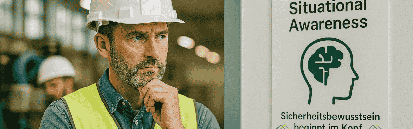 Ein Mann in Sicherheitskleidung und Helm mit einem Schild daneben mit der Aufschrift "Situational Awareness"