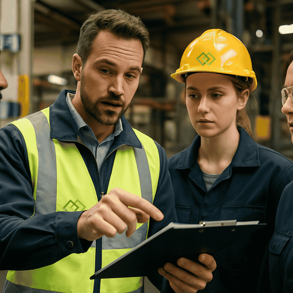 Eine Schulungsgruppe, wo etwas im Betrieb gezeigt wird. 