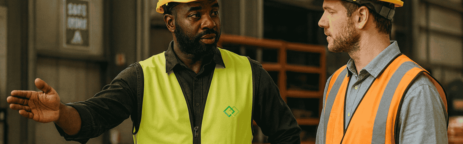 2 Personen mit Warnwesten und Helm in einer Halle.