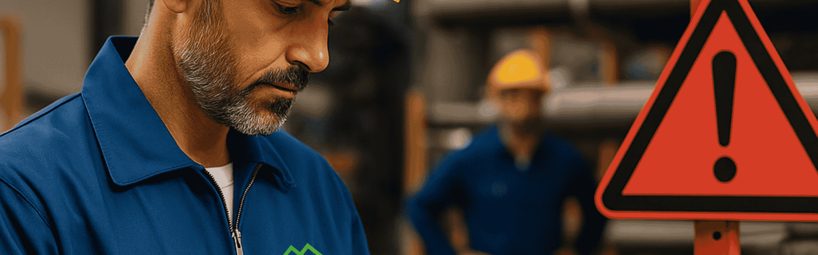Ein Mann im Vordergrund in einem Betriebsgebäude mit einem Achtung Symbol auf der rechten seite