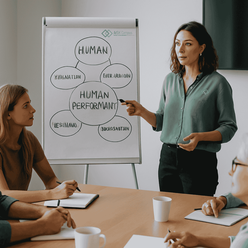 Seminarraum mit Persnen mit Dozentin und Whiteboard mit der Aufschrift "Human Performance"