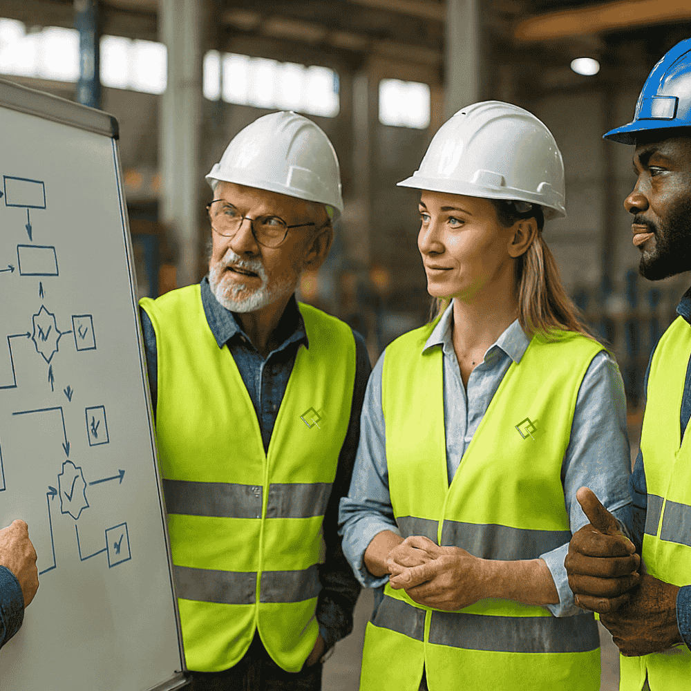 3 Personen und ein Dozent der über das Thema "Human Performance" redet und ein Whiteboard aufgestellt hat