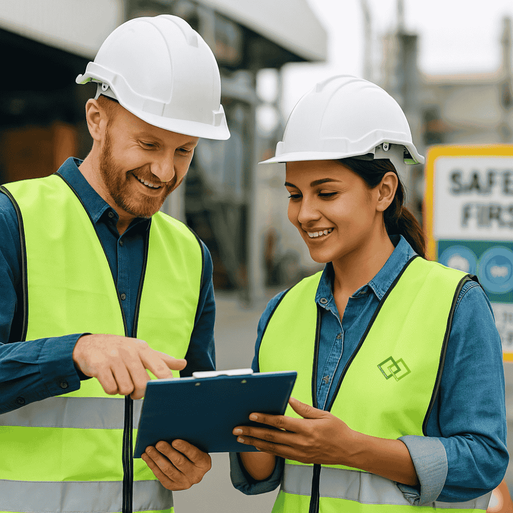 SCL Führungskräftetraining direkt operativ auf dem Werksgelände. 2 Menechen, einer mit Klemmbrett