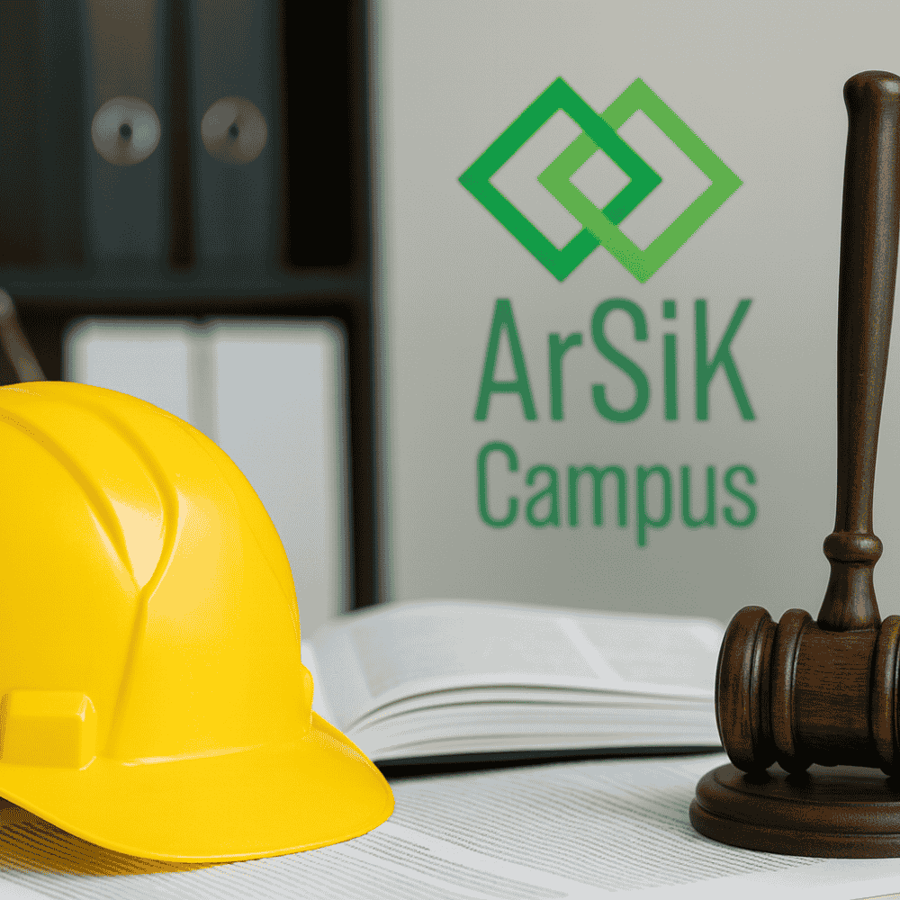 Ein gelber Helm, im HIntergrund das ArsiK Campus Logo und rechts ein richterlicher Hammer