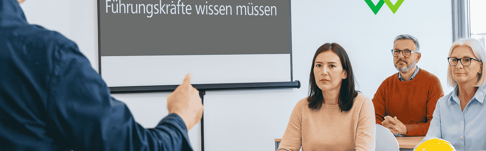 Schulungsraum mit 4 Personen, einer Leinwand und einen gelben Sicherheitshelm