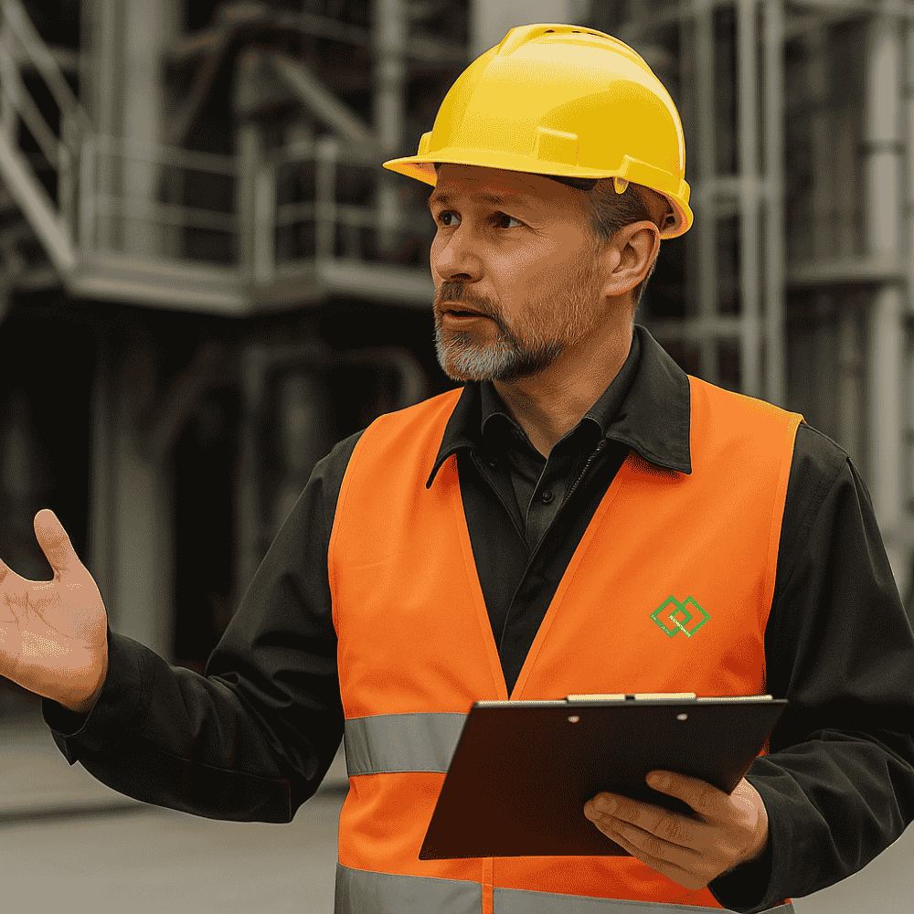 Führungskraft auf einer Baustelle mit Warnweste, Klemmbrett und SIcherheitshelm