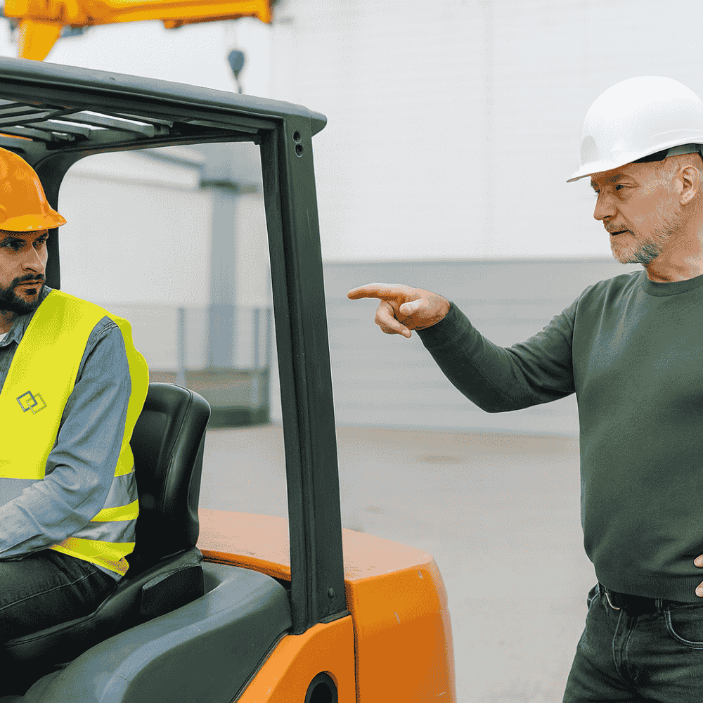 Mann auf Gabelstapler mit Warnweste und Helm, daneben ein Mann der ihn unterrichtet.