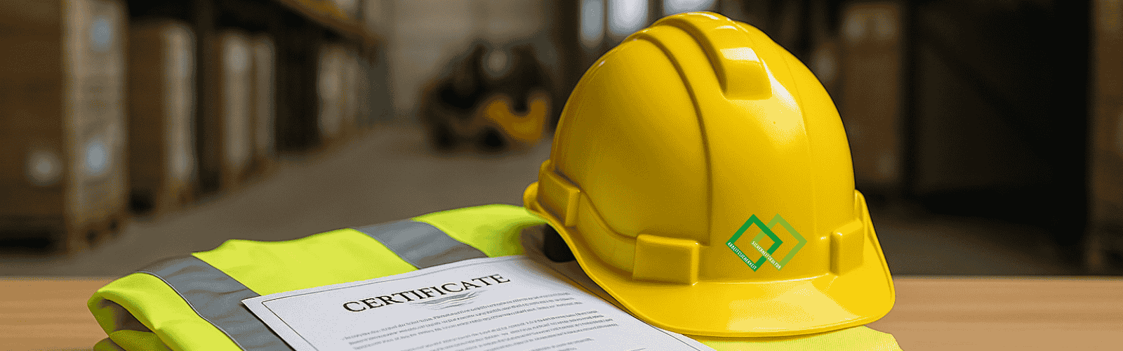 Eine Lagerhalle im Hintergrund mit einem Stapler. Im Vordergrund ein Zertifikat von einer Gabelstaplerschulung, Helm und Warnweste