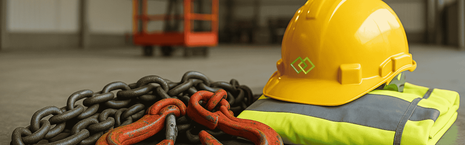 Bild mit einer Lastenkette und einen Helm und Warnweste.