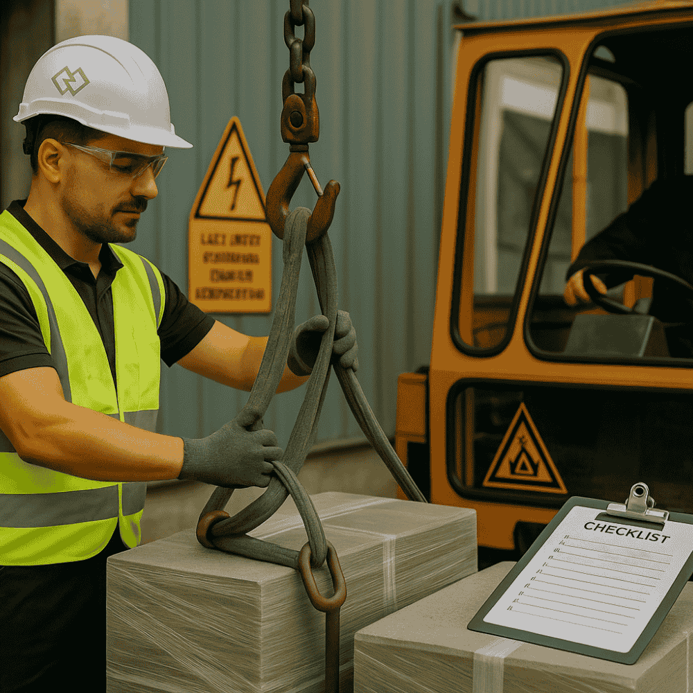 Anschlagen  von Lasten mit einer Person mit Warnweste und Gabelstapler
