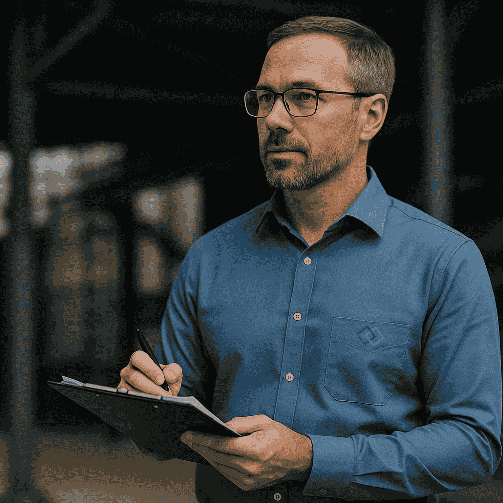 Ein SCC Prüfer mit Klemmbrett und Stift