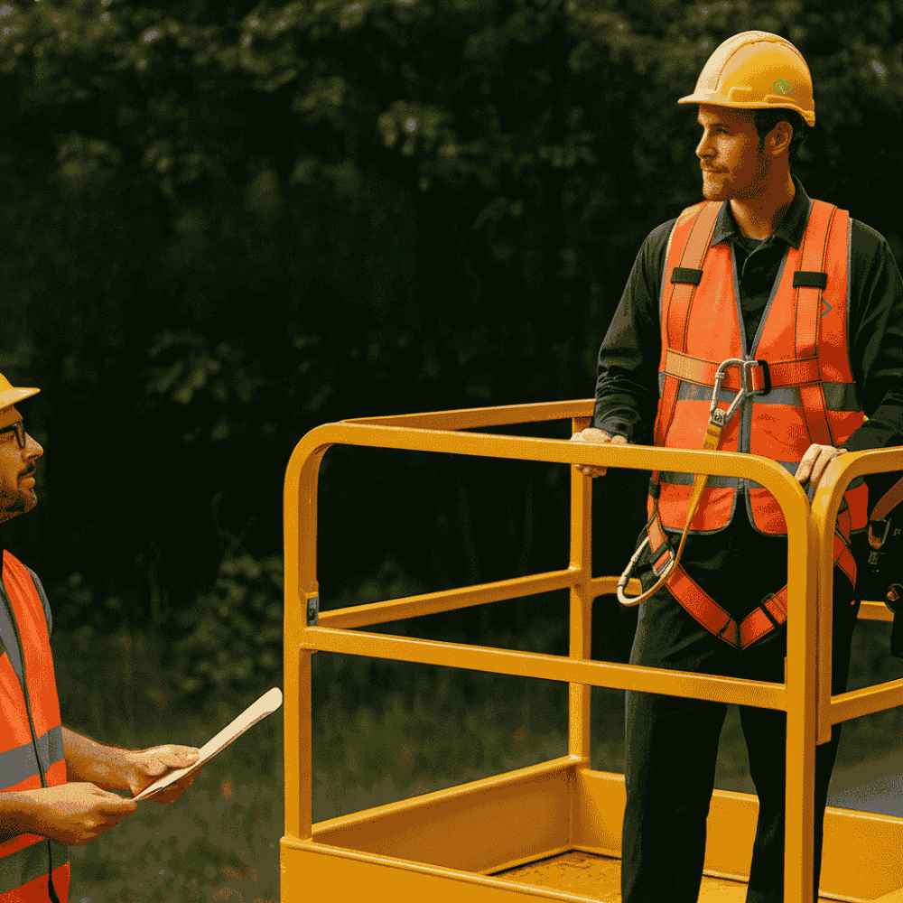 Ein Mann auf der Hubarbeitsbühne mit PSA gegen Absturz