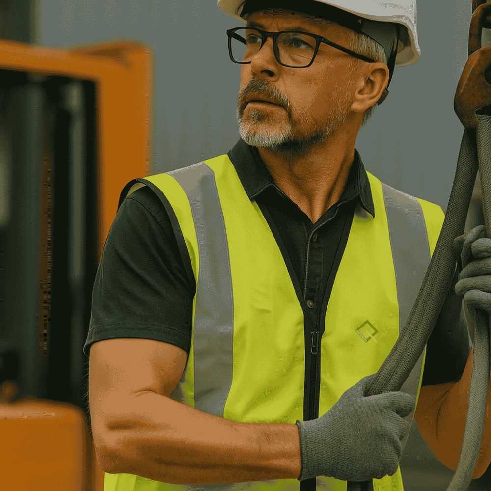 Mann mit Gurt für das anschlagen von lasten