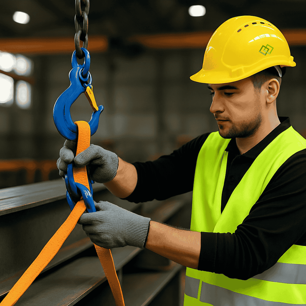 Anschlagen von Lasten, Person mit Helm und Warnweste und Handschuhe