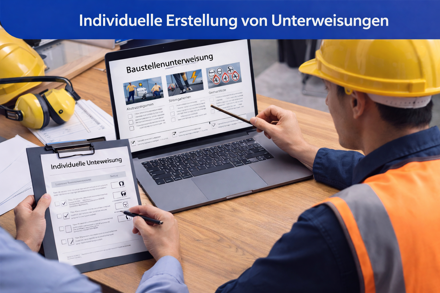 Erstellung eine Online Unterweisung mit dem Kunden zusammen am tisch und laptop