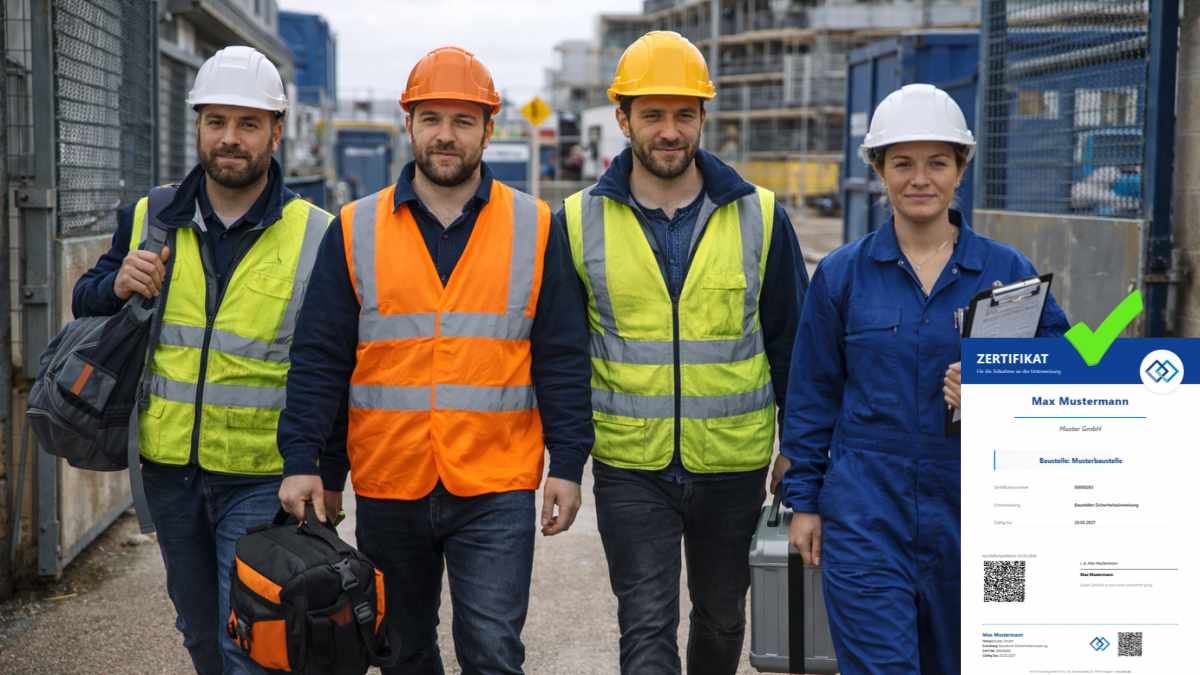 4 Personen die am Eingangstor einer Baustelle / Werkstor einfach durchmaschieren können