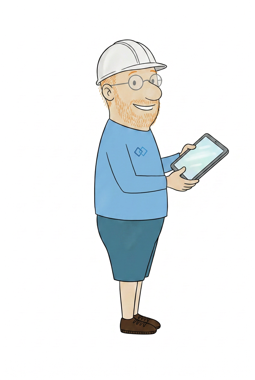 Herr Ebenkurz zeigt die Begehungs-App auf dem Tablet