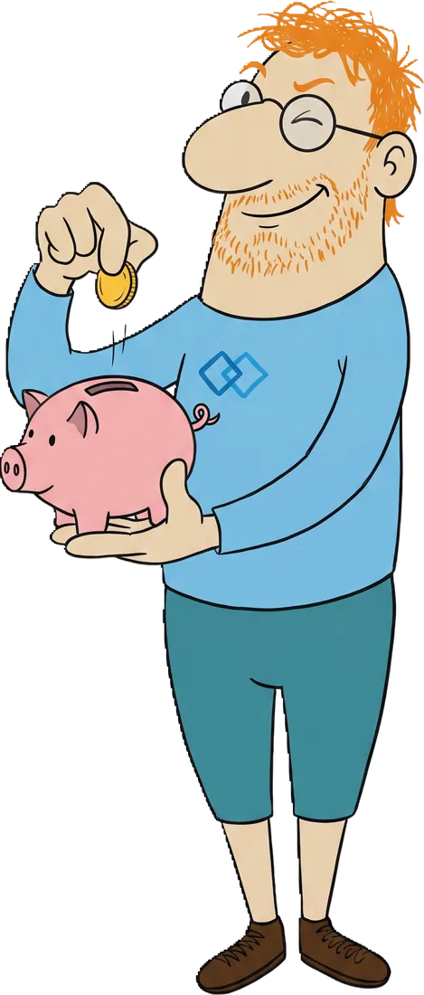 Herr Ebenkurz wirft eine Münze in sein Sparschwein.