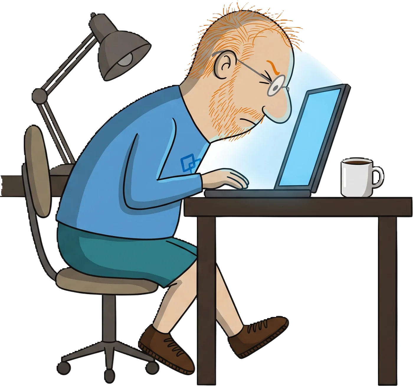 Herr Ebenkurz sitzt am Schreibtisch und kneift vor dem Laptop die Augen zusammen, die Schreibtischlampe ist aus.