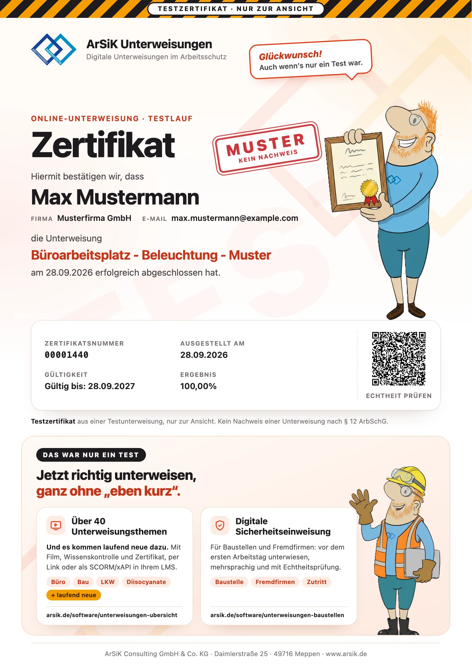 Beispiel eines ArSiK-Zertifikats zur Unterweisung Büroarbeitsplätze – Beleuchtung
