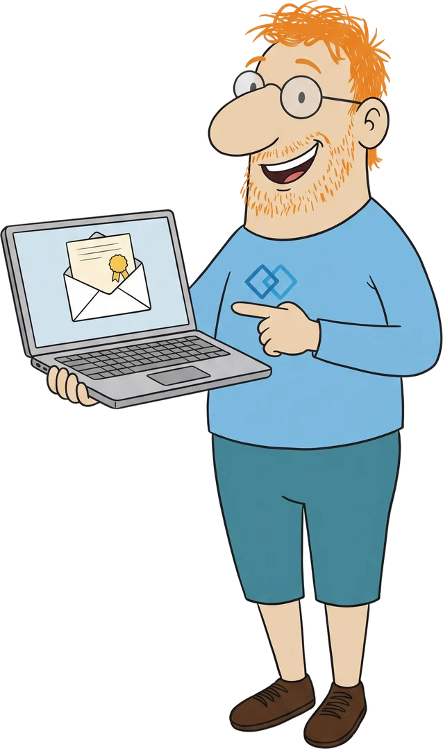 Herr Ebenkurz zeigt auf seinem Laptop eine E-Mail mit Zertifikat.