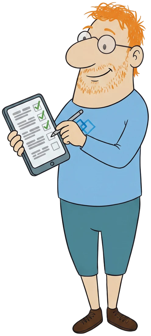 Herr Ebenkurz hakt auf dem Tablet eine Checkliste ab