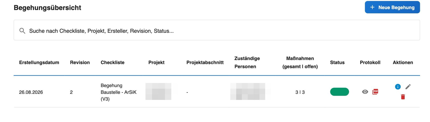 Begehungsübersicht mit Checkliste, Projekt, Maßnahmen, Status und Protokoll-Aktionen