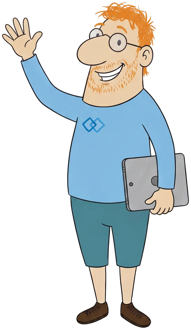 Herr Ebenkurz winkt und hält sein Tablet.