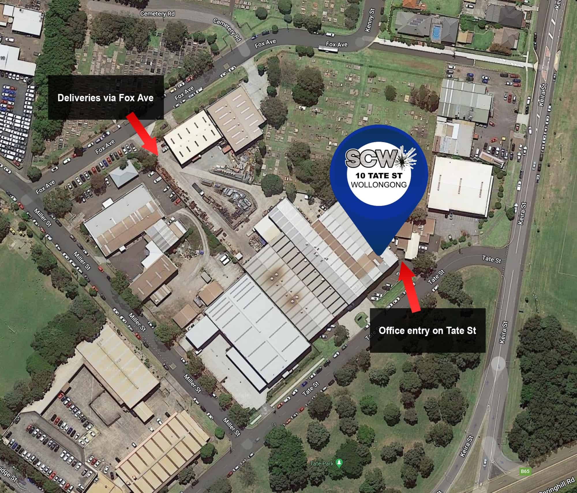 map showing SCW office and delivery location in Wollongong