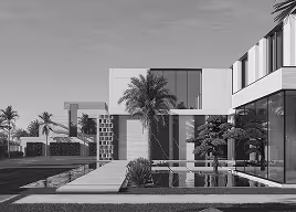 an exterior fit out of a grand villa in palm Jumeriah featuring walnut louvres