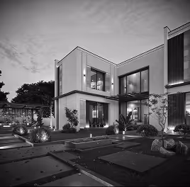 turnkey interior fit out of a bedroom in Al Barari, Dubai featuring walnut woods and custom furniture