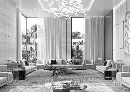 interior fit out of a villa's lobby featuring travertine stone and a grand staircase