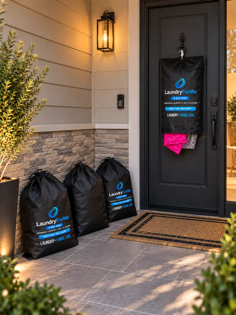 LaundryForMe pickup bags beside a front door with a hanging garment bag