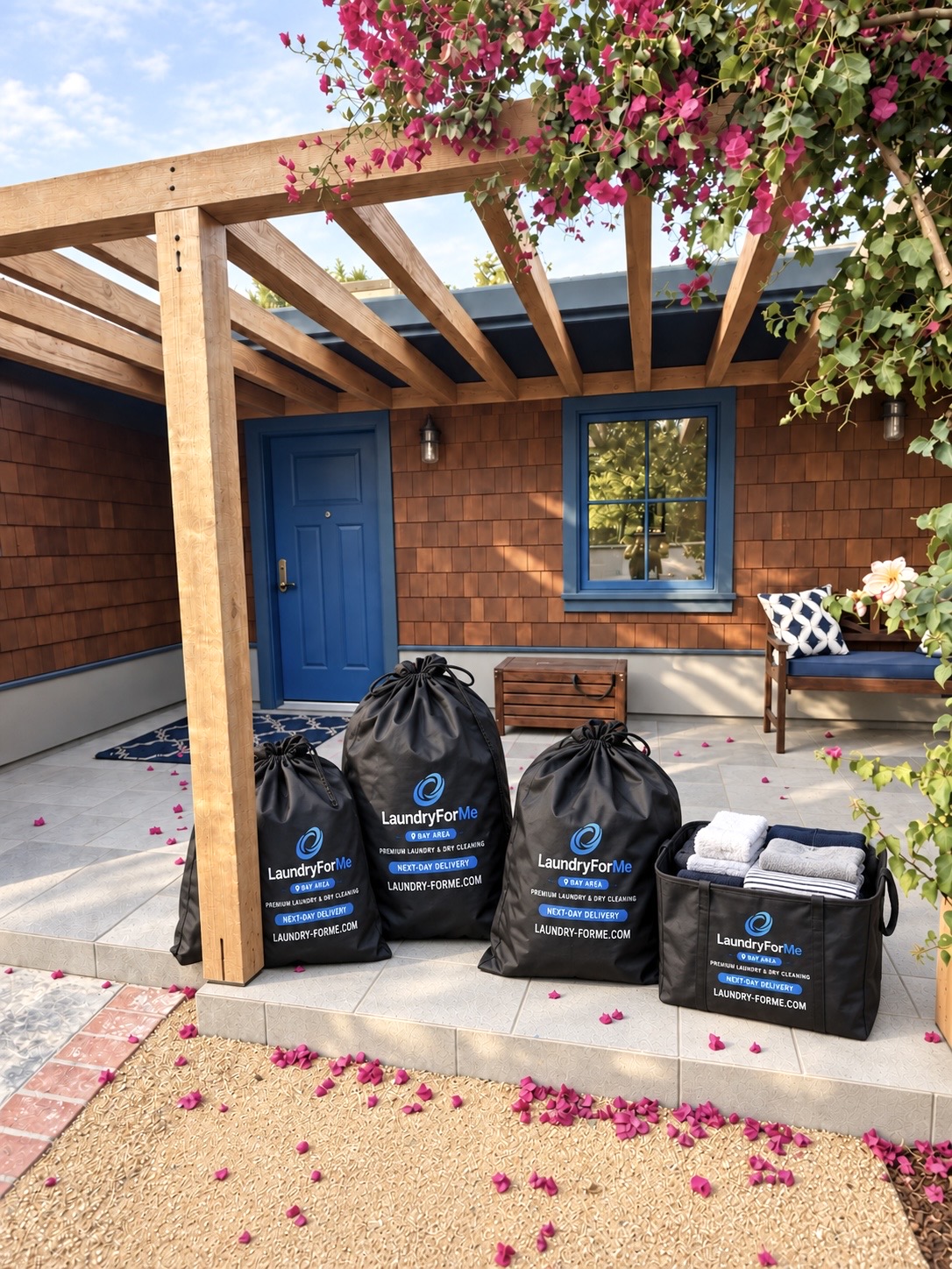 LaundryForMe bags and folded garments on a flower-lined porch