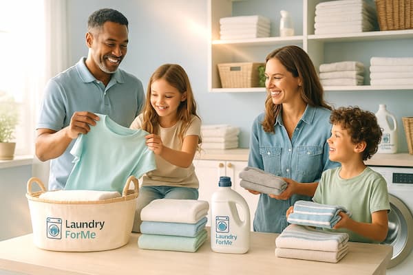 Family receiving LaundryForMe laundry delivery in San Jose home – eco-friendly same-day service