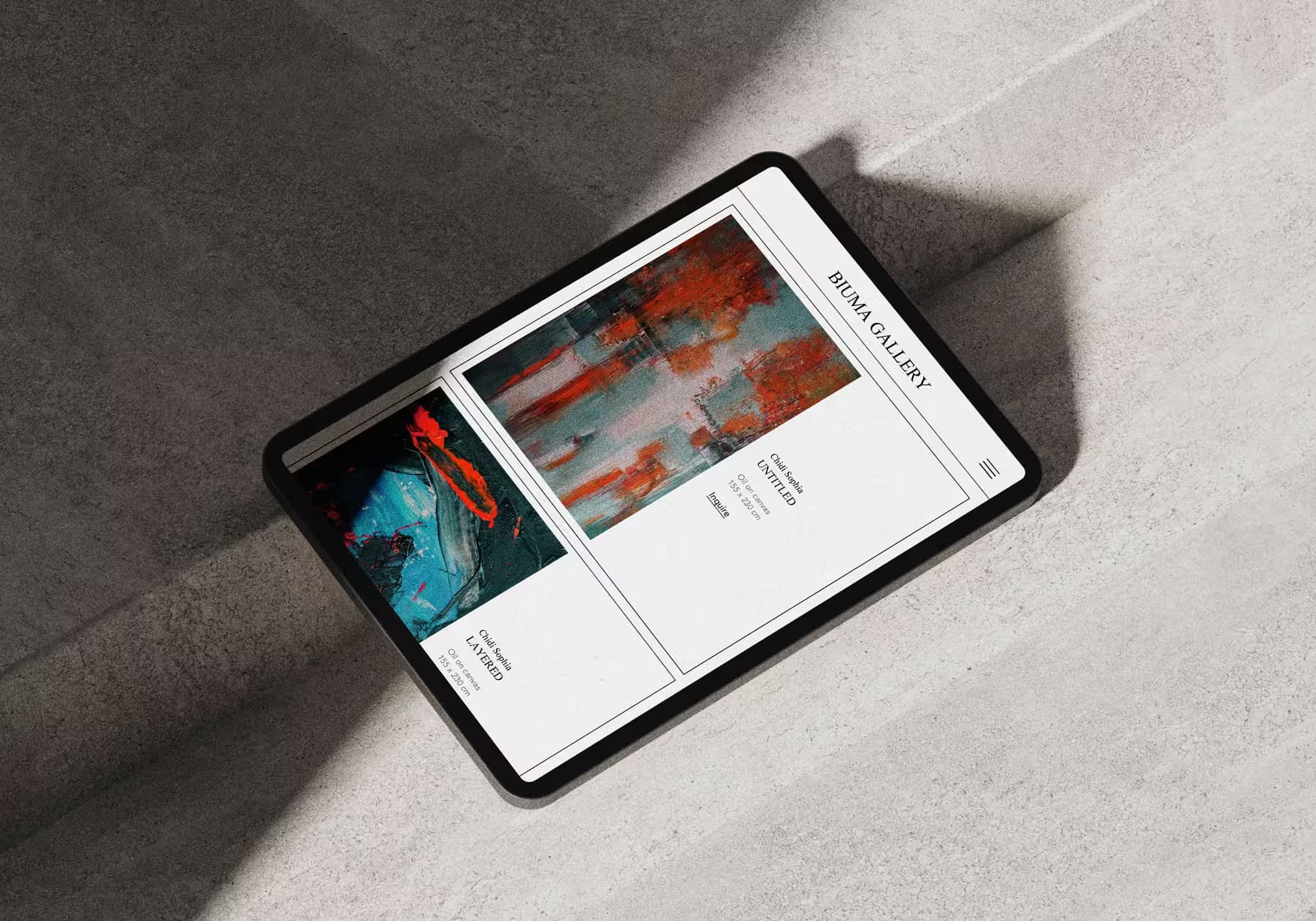 Webdesign Kunstgalerie-Website auf iPad, minimalistische Projektansicht mit Gemälde-Detailseiten..