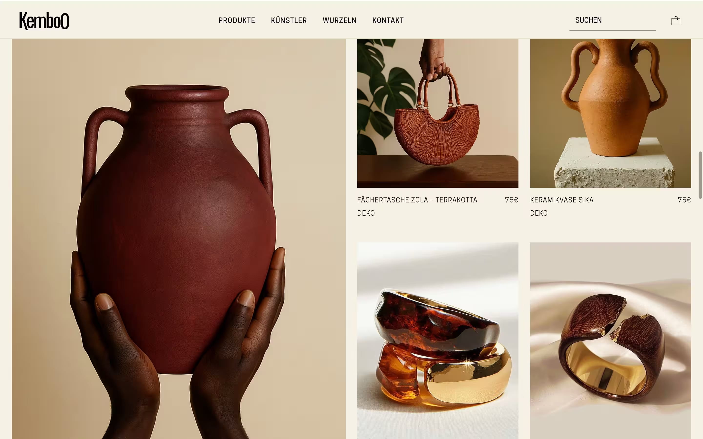 Webdesign für Kemboo – High-End Lifestyle-Store für Home- & Living-Produkte, moderne Startseiten-Ansicht.