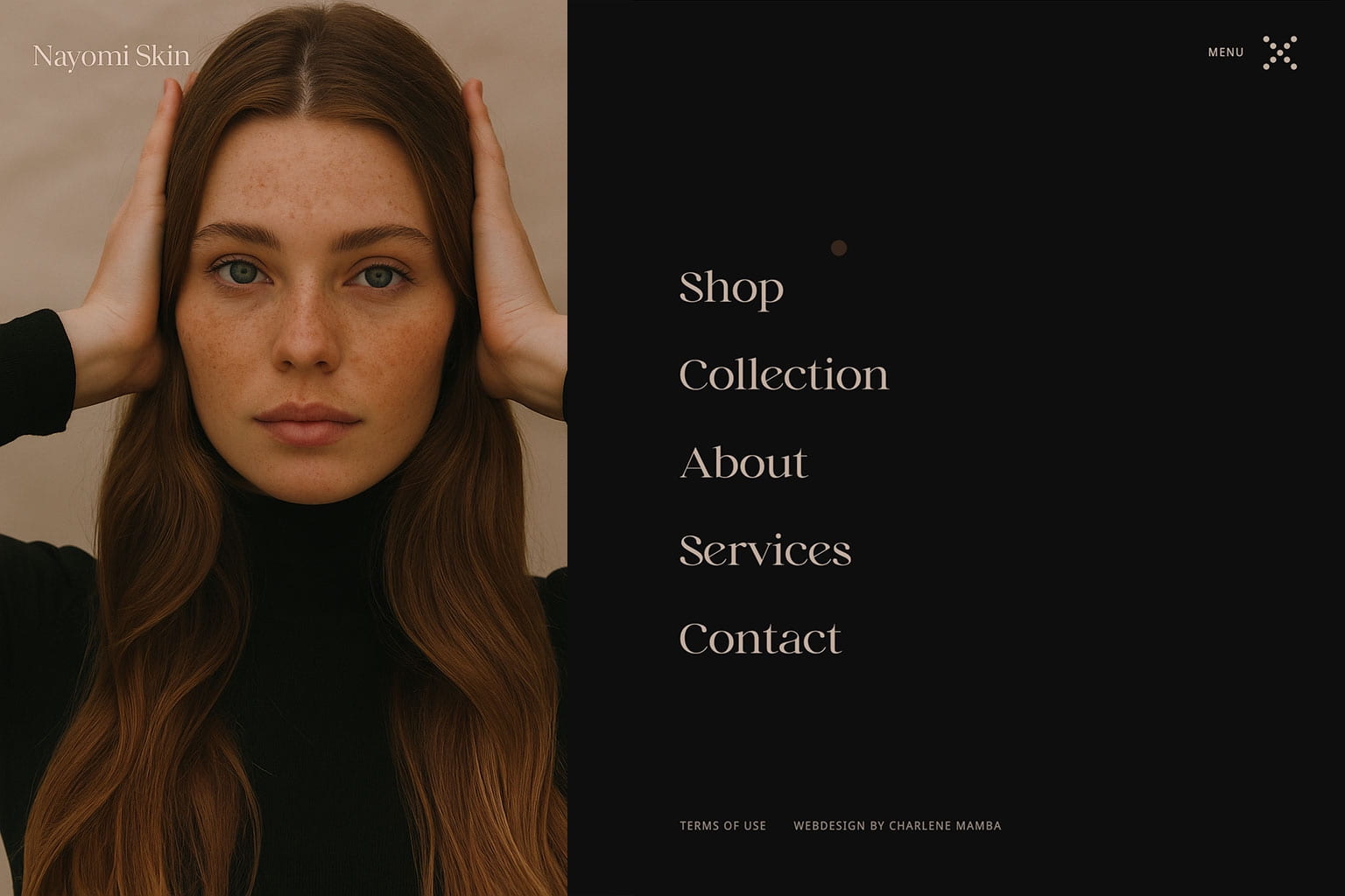 Webdesign für Nayomi Skin – elegante Website mit dunklem Menü und Portrait einer jungen Frau.