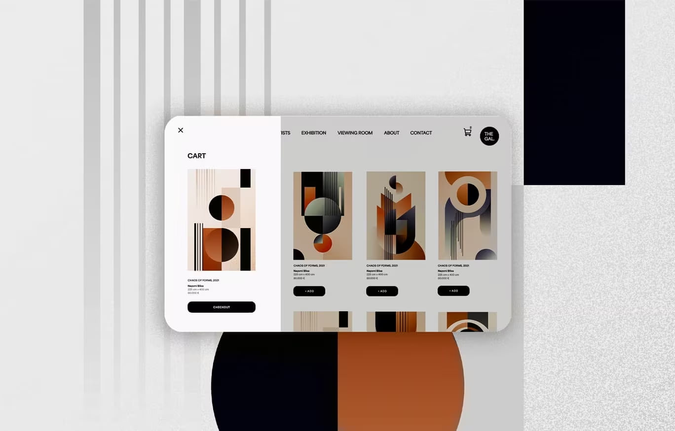 Webdesign Kunstgalerie-Website, minimalistische Projektansicht mit Gemälde-Detailseiten..