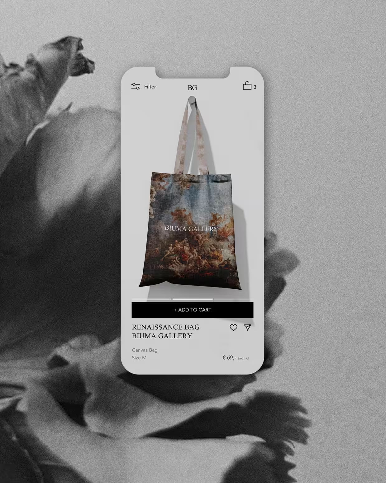 Mobile Webdesign-Mockup –Smartphone-Ansicht eines eleganten Online-Shop-Designs im Renaissance-Stil.
