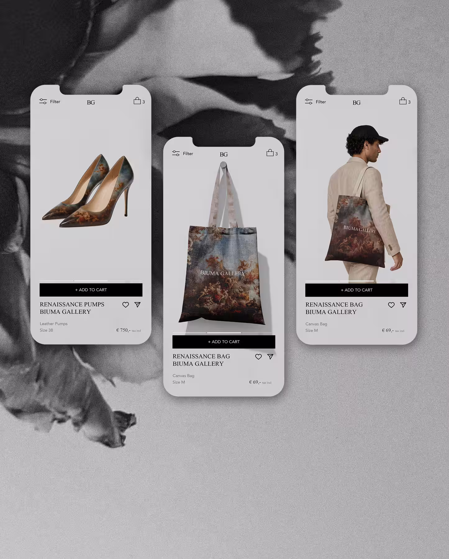 Mobile Webdesign-Mockup – drei Smartphone-Ansichten eines eleganten Online-Shop-Designs im Renaissance-Stil.