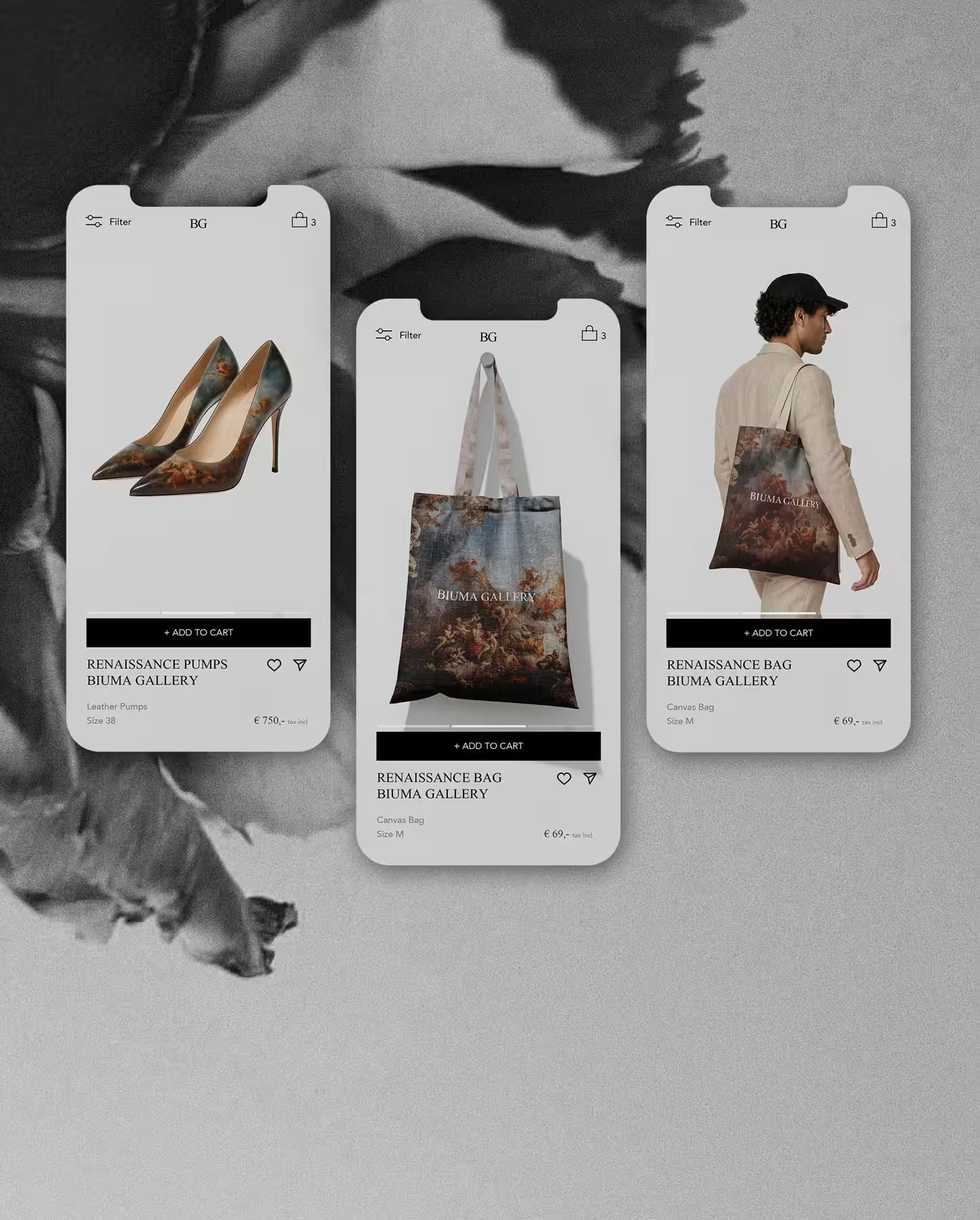 Mobile Webdesign-Mockup – drei Smartphone-Ansichten eines eleganten Online-Shop-Designs im Renaissance-Stil.