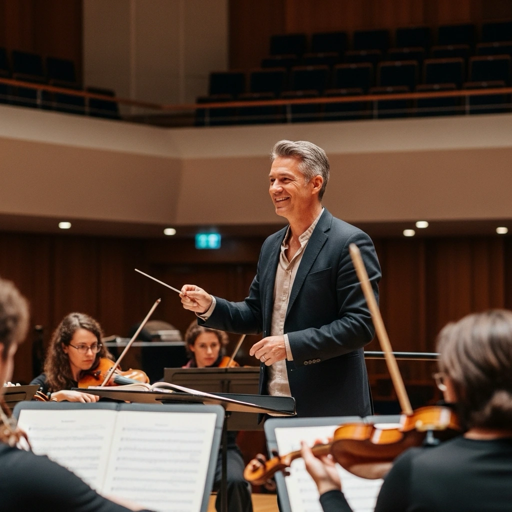 A smiling conductor leading an orchestra with musicians playing string instruments in a concert hall.