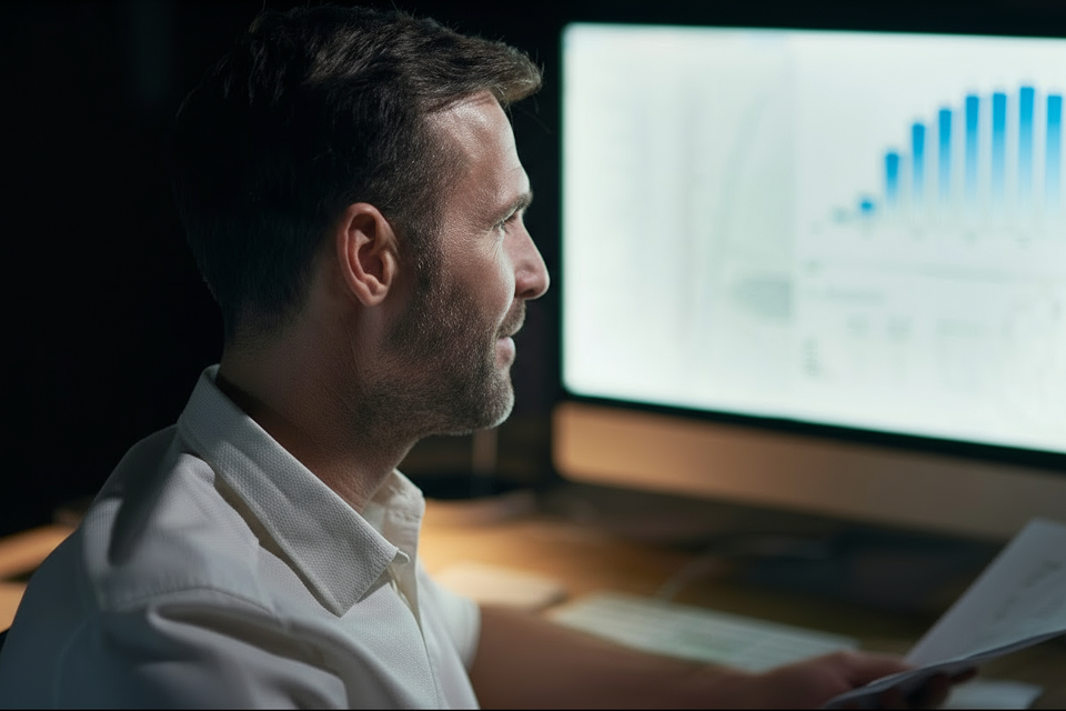 Man in white shirt reviewing documents while looking at a computer screen displaying a blue bar chart.